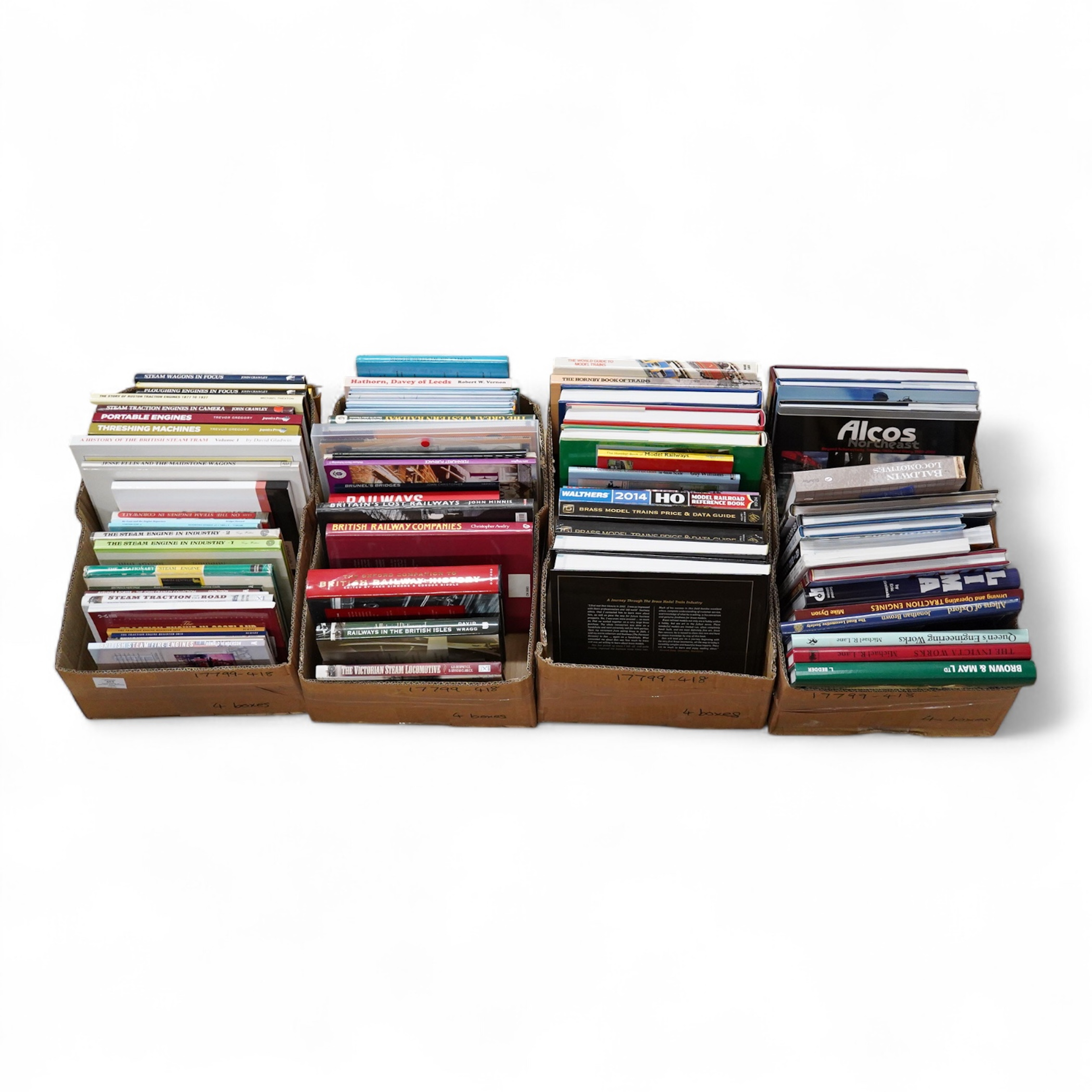 Four boxes of railway, etc. related books, subjects include; General Electric Locomotives, railway models, British Railway companies, traction engines, etc., publishers include; Pen & Sword, Ian Allan, Schiffer, etc.